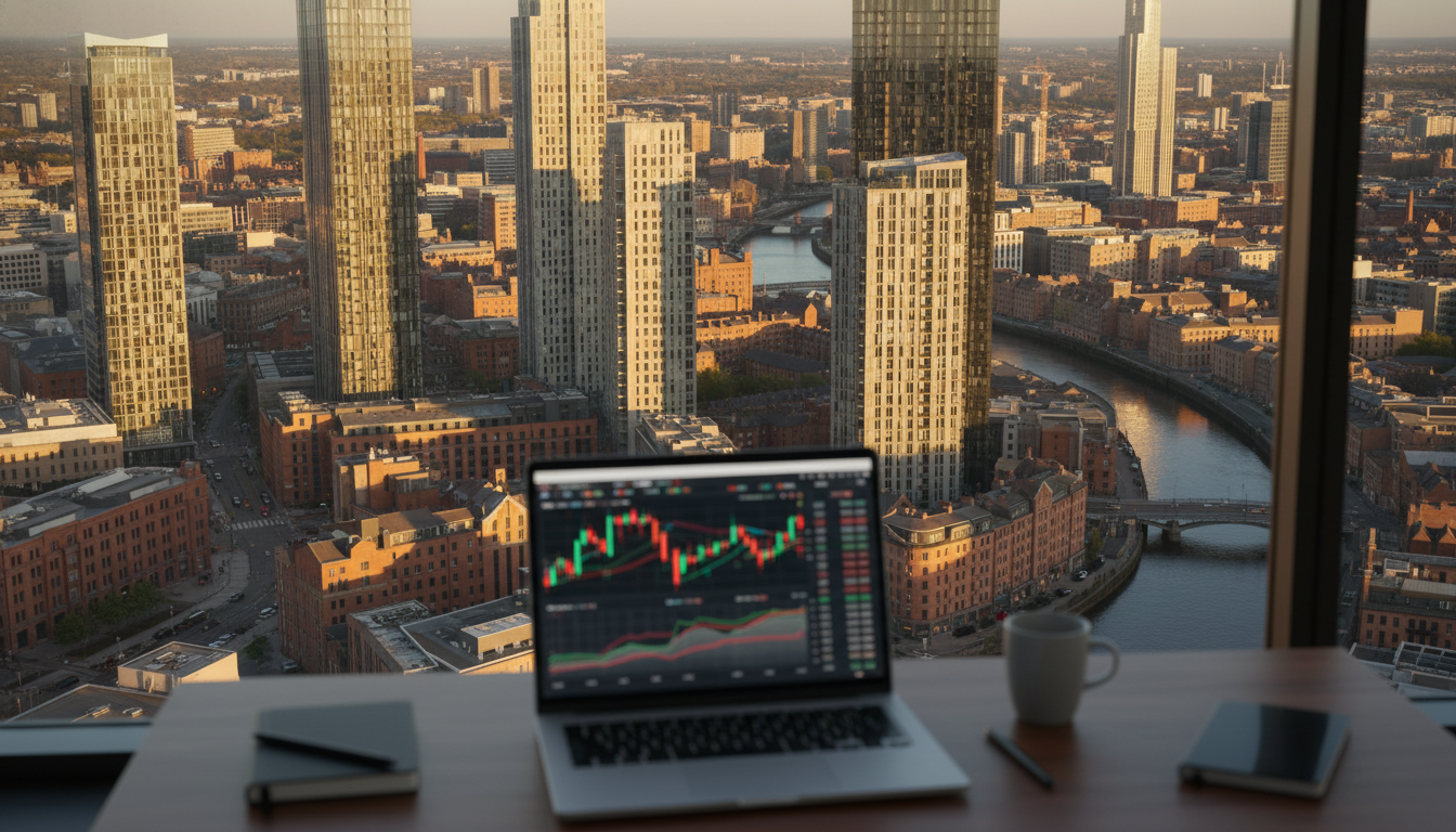 A professional, high-angle aerial view of the Manchester skyline featuring modern glass residential towers and historic brick buildings during the golden hour, with a blurred foreground of a sleek office desk and a laptop showing financial charts.