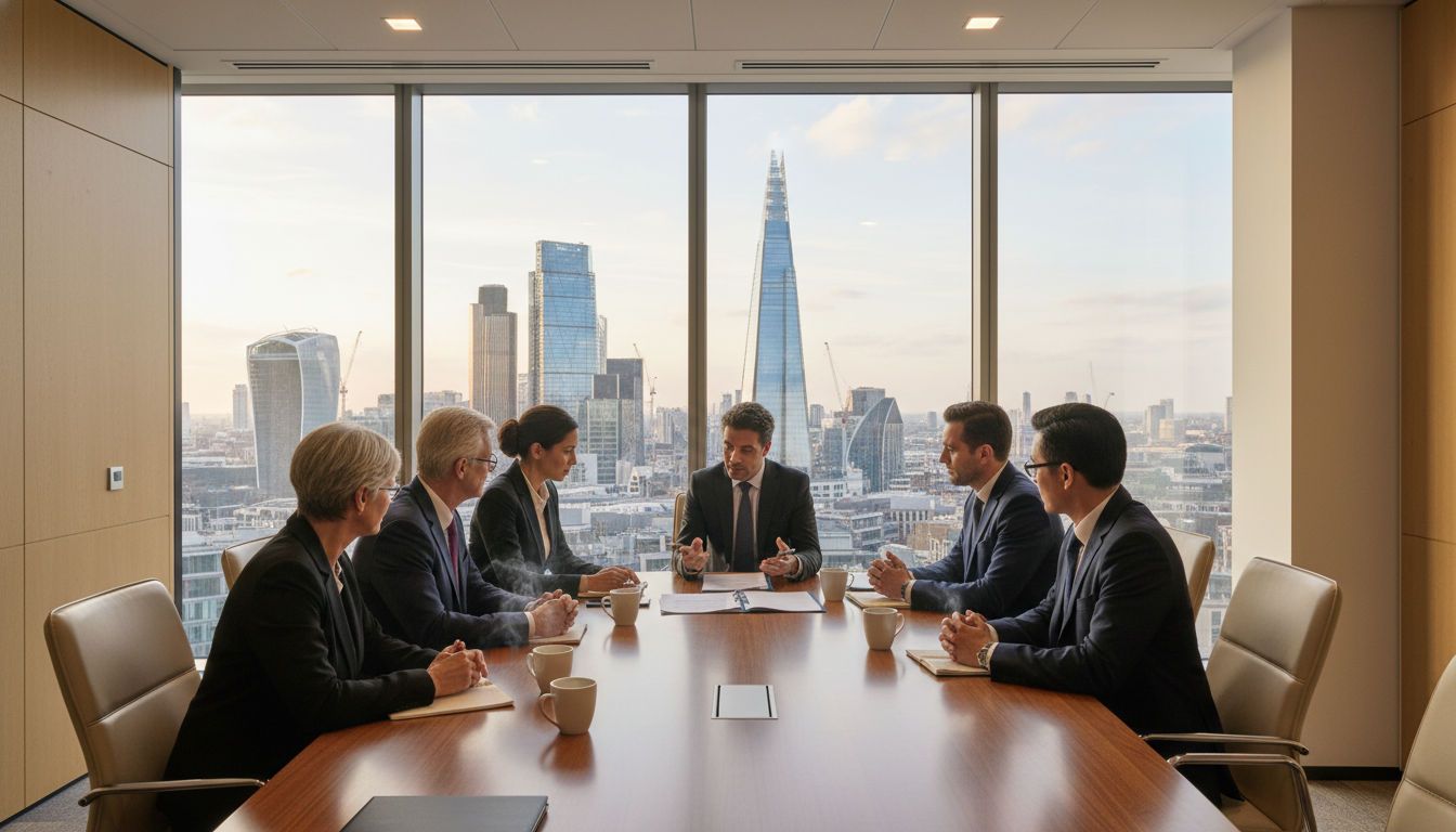 A professional meeting room in a modern London office with a large glass window overlooking the City skyline, showing a diverse group of professional lawyers and a couple discussing documents over a wooden table with laptops and coffee.
