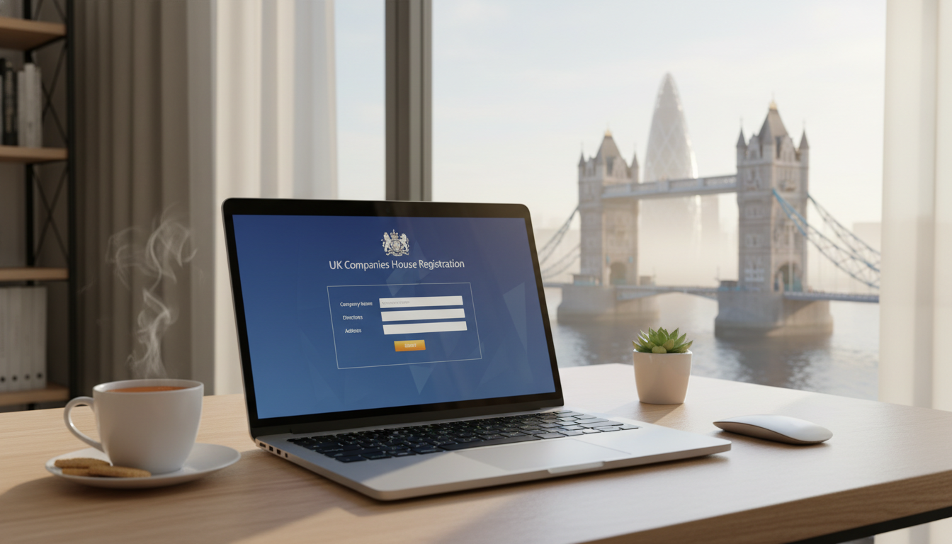 A professional digital workspace featuring a laptop showing a UK company registration portal, a cup of tea, and a window view of the London Gherkin building and Tower Bridge in a soft morning light.