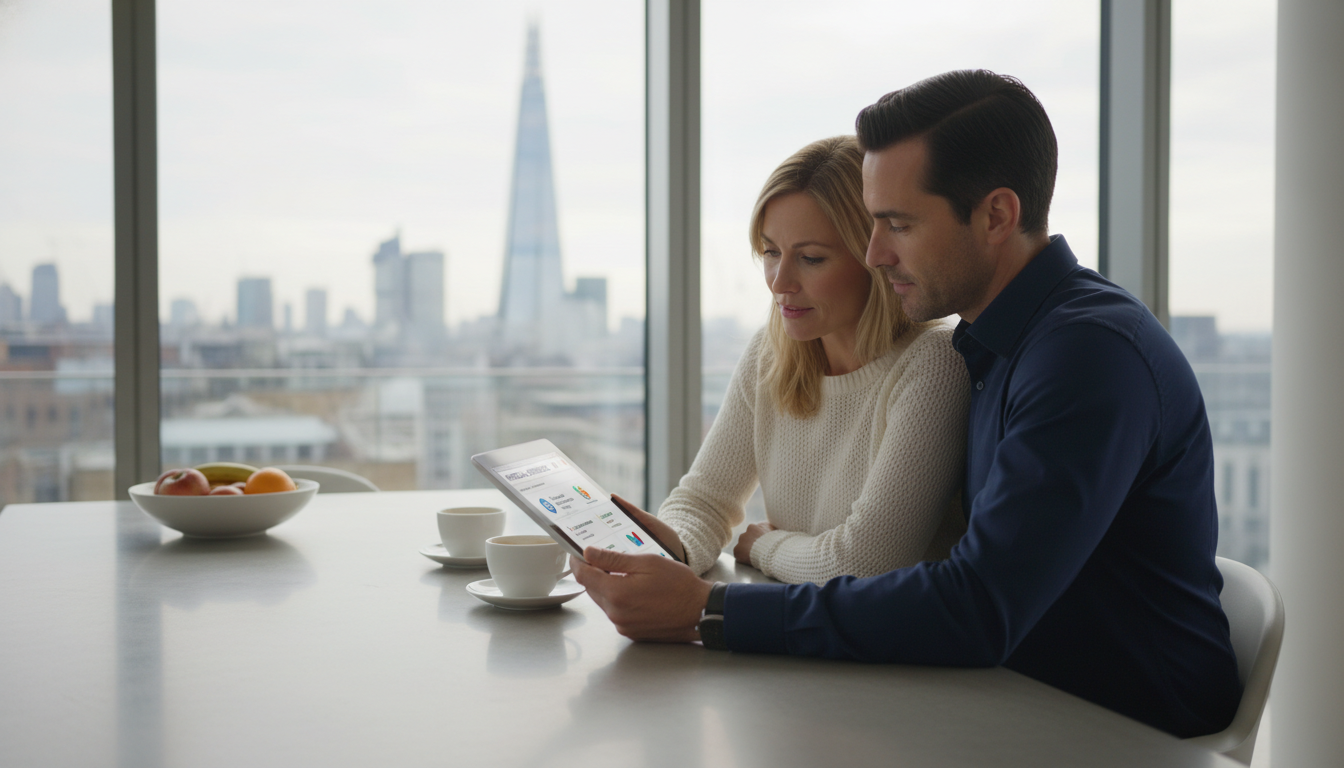 A professional expatriate couple sitting in a bright, modern London apartment, looking at a digital tablet with a medical insurance comparison website open, soft morning sunlight, high-quality photography