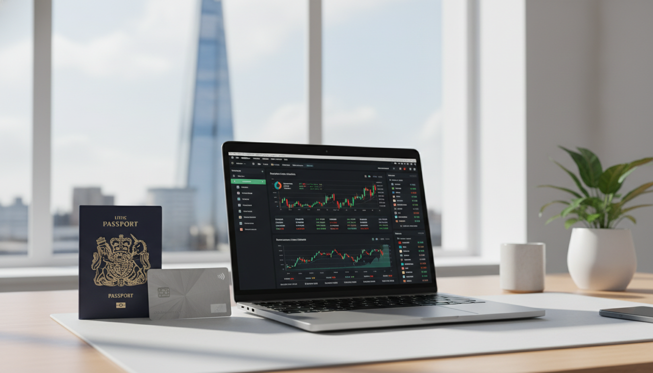 A professional yet minimalist desk setup featuring a modern laptop showing a financial dashboard, a UK passport, and a sleek metal business debit card. The background is a bright, airy London-style office with a view of the Shard through the window, shot in a soft-focus lifestyle photography style.