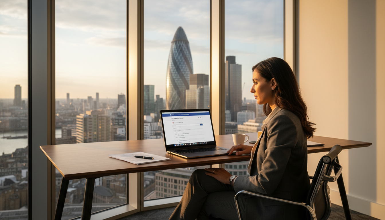 A professional expat entrepreneur sitting in a modern, glass-walled London office, looking at a laptop with the Companies House website open, the London skyline with the Gherkin visible in the background, soft afternoon light, high resolution.