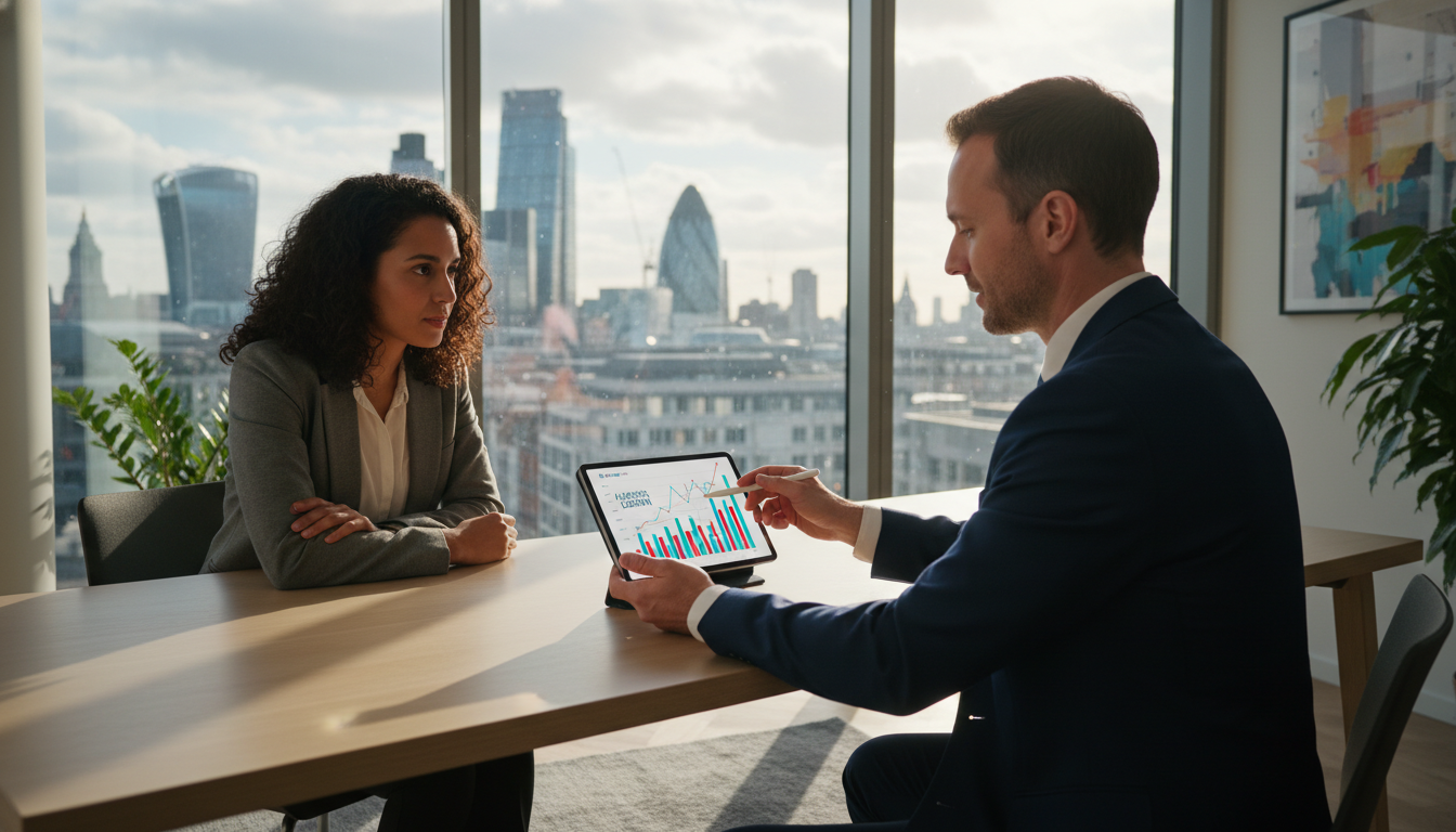 A professional tax consultant in a modern, sunlit London office with a view of the City skyline, explaining complex financial charts on a tablet to an attentive expat client, cinematic lighting, high-quality photography.