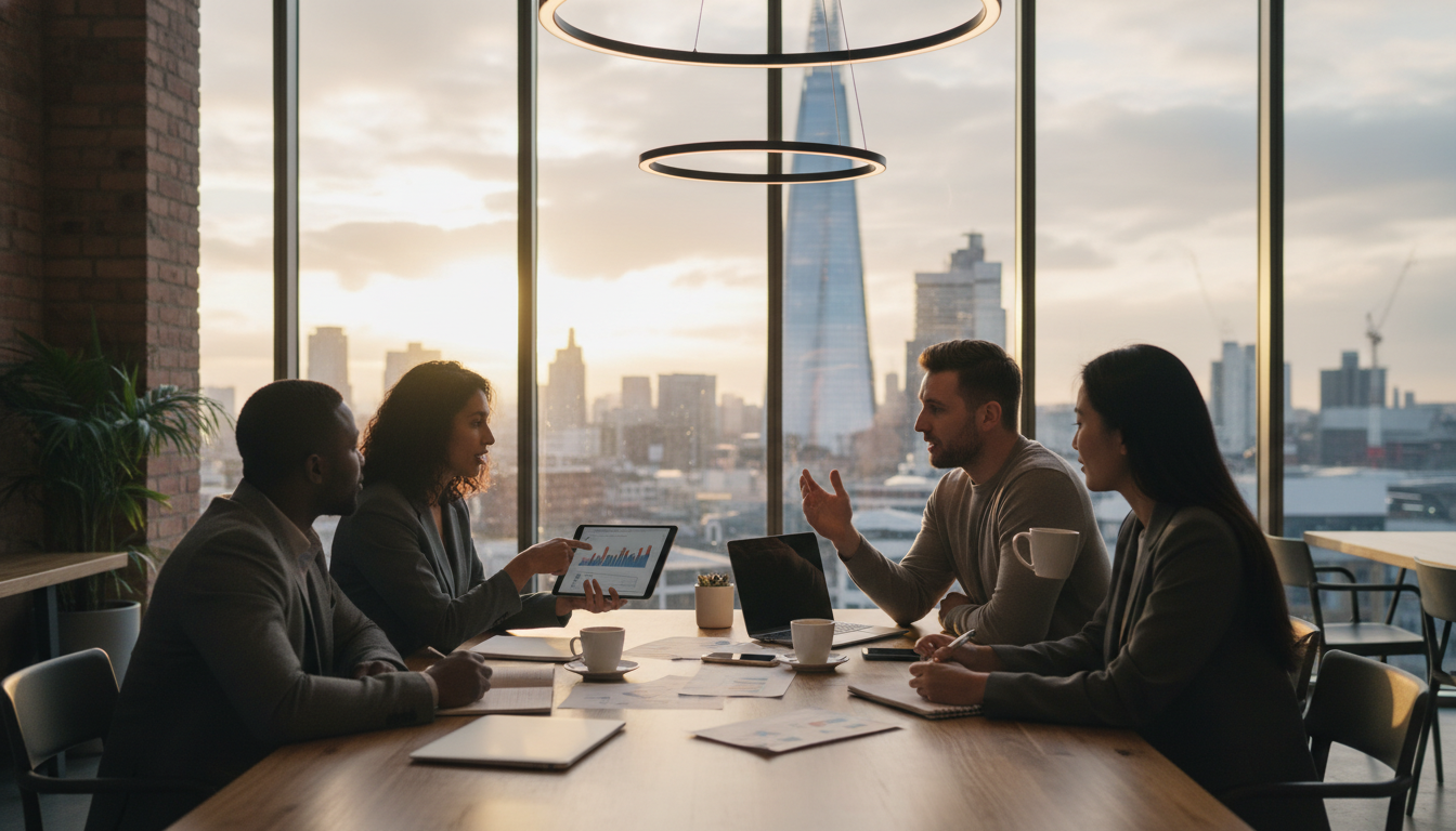 A diverse group of entrepreneurs in a modern London co-working space, discussing a business plan over coffee, with a view of the Shard in the background through a large window, cinematic lighting, 4k resolution.