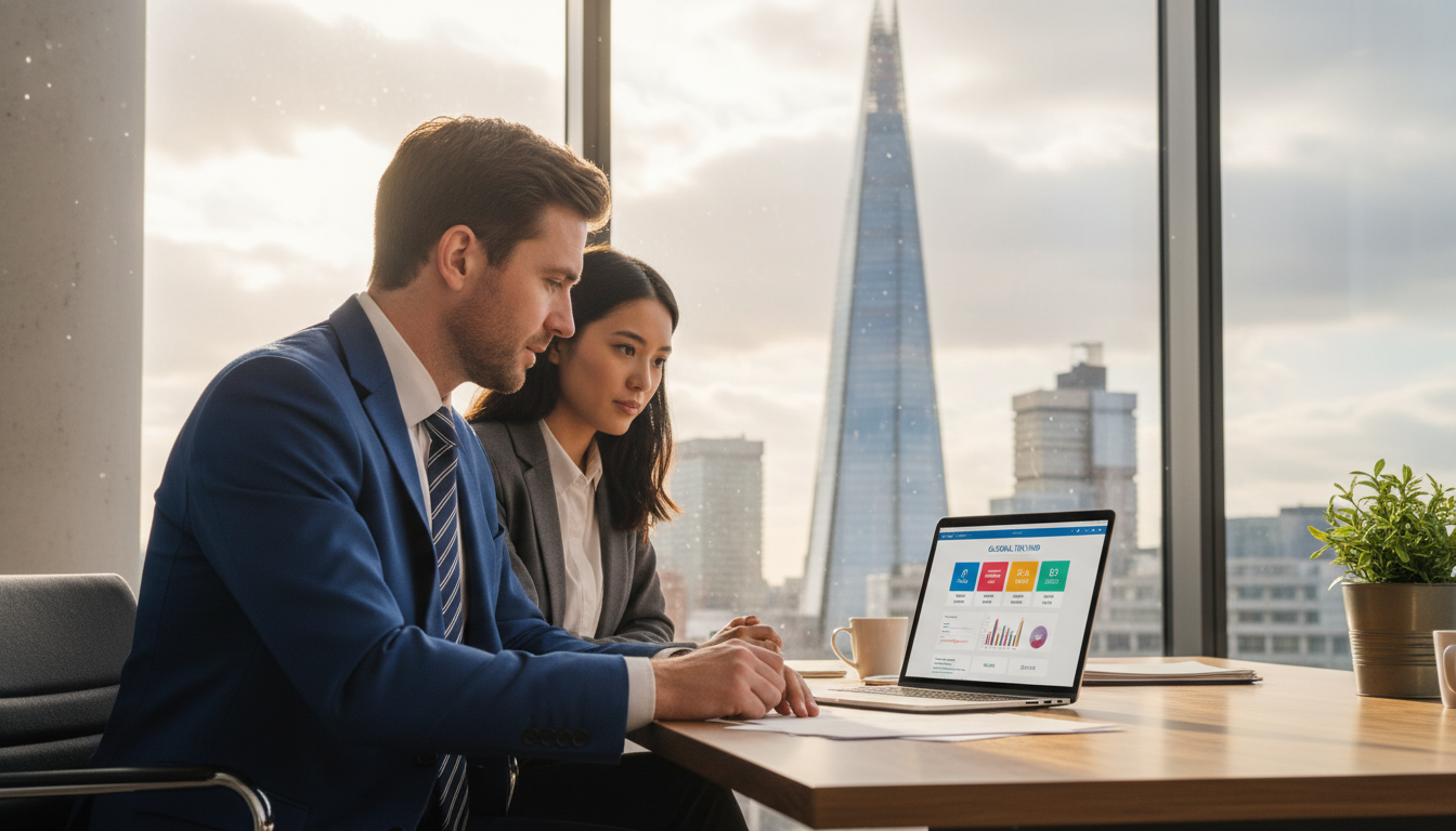 A professional British accountant sitting in a modern London office with a view of the Shard, helping an international client with digital tax software on a laptop, warm natural lighting, professional atmosphere.