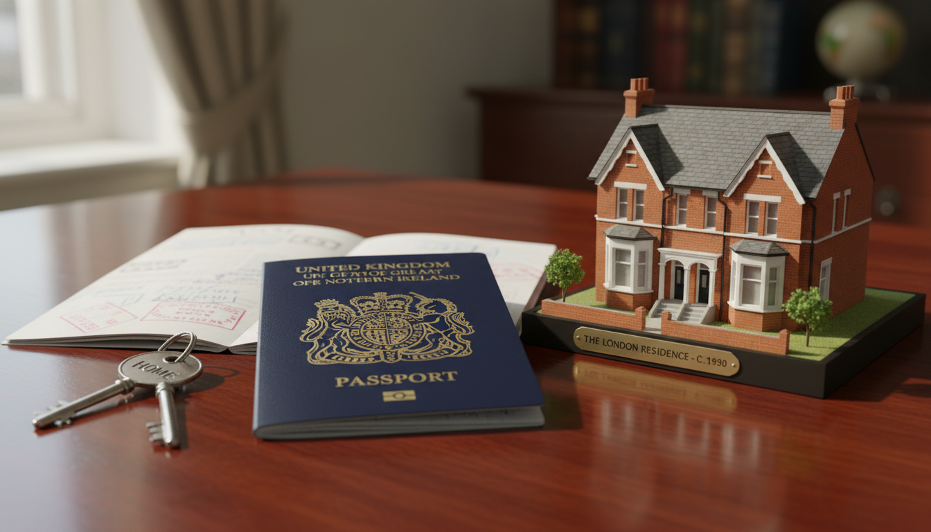 A high-quality 3D render of a British passport resting on a mahogany desk next to a scale model of a classic Victorian London house and a set of silver keys, symbolizing UK property investment for expats, soft natural lighting.