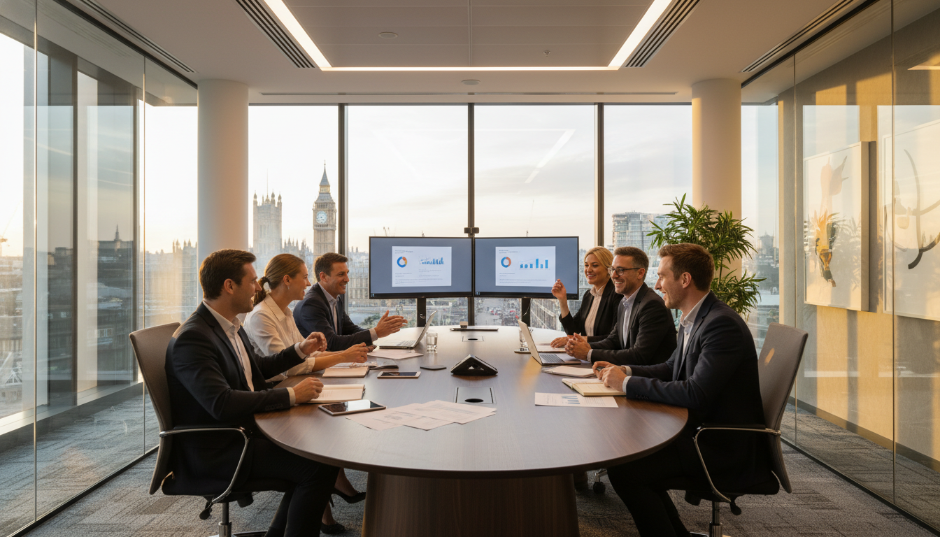 A professional modern office interior in London with glass walls and a view of the Big Ben in the distance. A diverse group of business professionals are sitting around a sleek conference table with laptops and documents, appearing engaged and positive. The lighting is warm and professional.