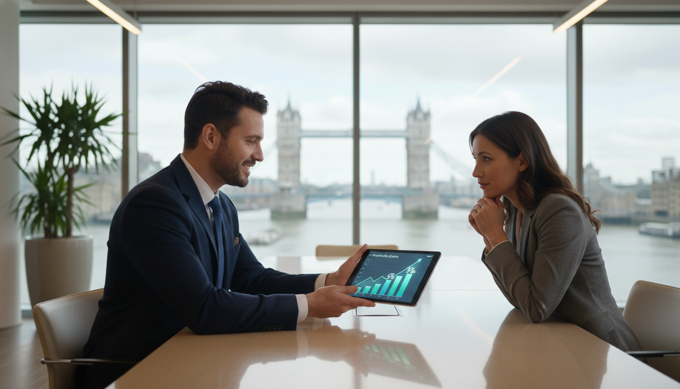 A professional financial advisor in a bright, modern London office showing a digital growth chart on a tablet to an expatriate professional, with a blurred view of the London Bridge in the background, cinematic lighting, 8k resolution