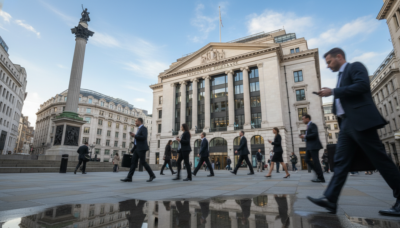 A wide-angle, high-quality photograph of the London Stock Exchange building at Paternoster Square, with professional commuters in the foreground and a clear blue sky, capturing a sense of financial stability and momentum.
